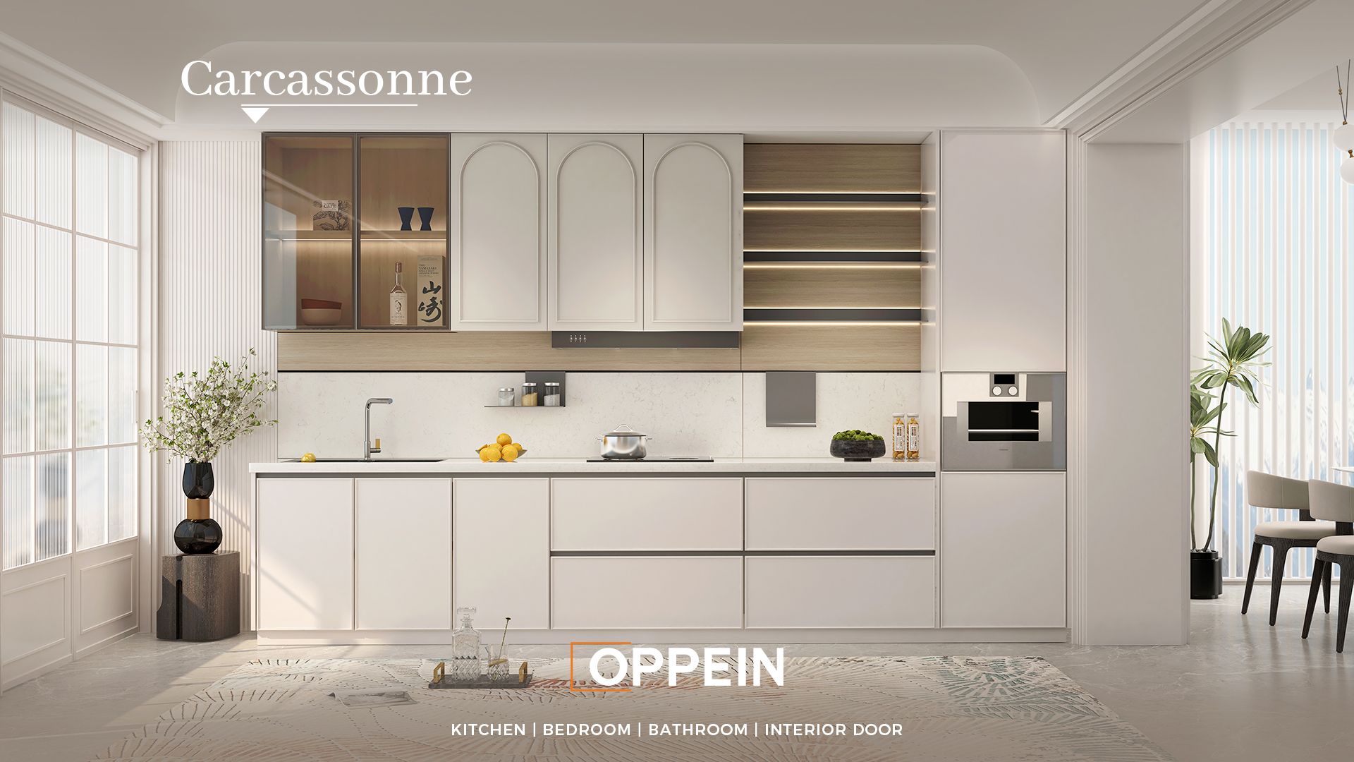 Tủ bếp cao cấp hiện đại kiểu dáng gỗ sồi trắng - Carcassonne 1 1kitchen